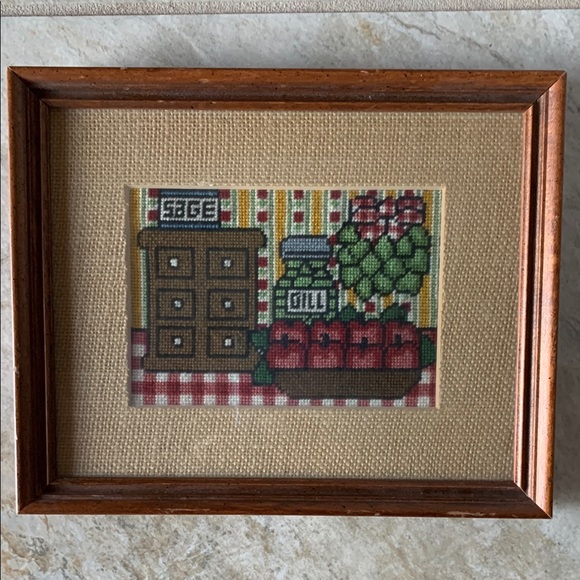 Other - Handmade from 1981 needlepoint cross-stitch framed kitchen decor sage basil 9x11